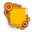 Square orange background with bright flowers.