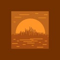 Square orange framed illustration of a large coastal city at sunset.