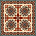 Square ornament for floor rugs or shawls with four mandalas and stylized peacock feathers. Print for fabric