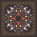 Square ornamental shawl or tea box design. Beautiful floral ornament and lovely frame on dark brown background in vector