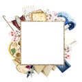 Square Passover frame with Jewish holiday symbols watercolor illustration. Matzah bread, Moses, seder plate, flowers