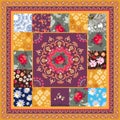 Square patchwork pattern with mandala, rose, daisy, cosmos flowers and paisley border in vector. Ethnic motives. Boho style