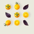 Square pattern of cherry tomatoes and purple basil leaves Royalty Free Stock Photo