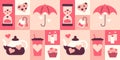 Square Pattern of items for Valentine Day. Festive love print. Hourglass, umbrella. Heart shaped cookies, cupcake.