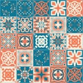 Square patterns orange blue color, trendy patchwork ceramic tile design vector Illustration Royalty Free Stock Photo