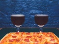 Square pepperoni pizza and beers Royalty Free Stock Photo