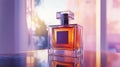 Ultra-realistic mockup of a perfume bottle with modern label design placed on a glass surface Royalty Free Stock Photo