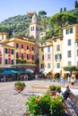 Square Piazzetta di Portofino,Italy,Genova,Liguria,09 aug,18:The main area with tourists, luxury stores, cozy cafes and restaurant