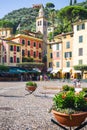 Square Piazzetta di Portofino, Italy,Genova,Liguria,09 aug,18:Tourists on the main square of Portofino with luxury shops, cafes.