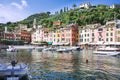 Square Piazzetta di Portofino,Italy,Genova, Liguria, 09 aug,18:View from the port to Portofino`s main square with colorful houses