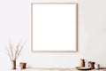 Square picture frames with passe-partout mockup in modern living room interior, blank copyspace, beige tones, poster mock-up.