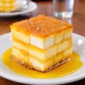 a square piece of cake with orange topping on a white plate