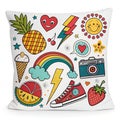 Square Pillow, Colorful Doodle Print, Retro Style, Fruit, Shoe, Camera, Pillowcase Royalty Free Stock Photo