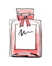 Square pink perfume bottle with a small bow. Vector hand drawing illustration, line fashion sketch, cologne, eau de