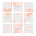 Square pink social media posts templates set with place for photo. Abstract backgrounds in minimal style with pastel pink brush st