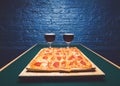 Square pizza and beers Royalty Free Stock Photo