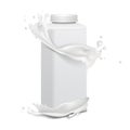 Square plastic bottle with cap and milk splashes. For dairy products. For milk, drink yogurt, cream, dessert