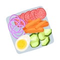 Square plate with chopped sausage and vegetables. Vector illustration.