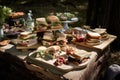 square plates with towering sandwiches and delicate pastries for rustic-chic picnic