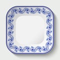 Square porcelain plate with a blue pattern in the style of national porcelain painting Gzhel