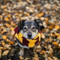 Square portrait of a cute dog in a striped scarf loyally looking up sitting in an autumn garden sitting on colorful fallen leaves