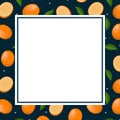 Square post with empty middle, on edges frame with orange mango fruits, leaves