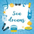A square postcard with a blue striped frame and the words Sea Dreams Elements of a sea beach holiday: swimsuit, shell Royalty Free Stock Photo