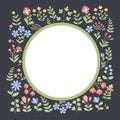 Square postcard, frame with floral pattern from decorative flowers on black background. In middle is an empty space for