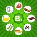 A square poster with food products containing vitamin B1. Thiamine. Medicine, diet, healthy eating, infographics. Flat cartoon