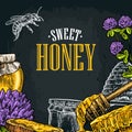 Square poster with honey, honeycomb, jar, spoon, bee. Royalty Free Stock Photo