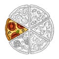 Square poster with monochrome and colorful slice pizza Royalty Free Stock Photo