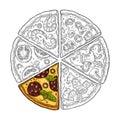 Square poster with monochrome and colorful slice pizza Royalty Free Stock Photo