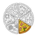 Square poster with monochrome and colorful slice pizza Royalty Free Stock Photo