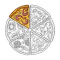 Square poster with monochrome and colorful slice pizza Royalty Free Stock Photo