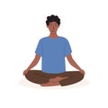 Square poster with young african male meditating and doing yoga breathing exercise. Man practicing Pranayama. Card with