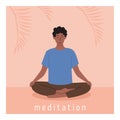 Square poster with young african male meditating and doing yoga breathing exercise. Man practicing Pranayama. Card with