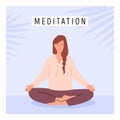 Square poster with young female meditating and doing yoga breathing exercise. Woman practicing Pranayama. Card with