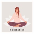 Square poster with young female meditating on lotus flower and doing yoga breathing exercise. Woman practicing Pranayama