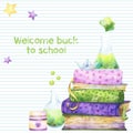 Square premade template with back to school or chemistry class themed watercolor school supplies, including stack of pink, green,