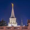 Square Provo City Center Temple with statue of angel and spire against blue evening sky Royalty Free Stock Photo