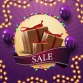 Square purple discount banner with gift boxes and purple balloons