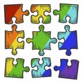 Square puzzle icon color of rainbow. Not assembled nine pieces. Sketch scratch board imitation.