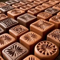 Square and rectangular chocolate blocks with intricate surface patterns are arranged Royalty Free Stock Photo