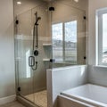 Square Rectangular walk in shower stall with half glass enclosure and black shower head