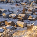 Square Residential neighborhood in Utah Valley on a scenic snowy aerial view in winter Royalty Free Stock Photo