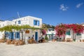 The square with restaurant in front of the church of Agia Triada in Lefkes on Paros Island, Royalty Free Stock Photo