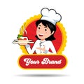 The lady chef smiles in the pose of carrying the dish. Happy chef cooks with a hat isolated from white. Vector illustration. Royalty Free Stock Photo