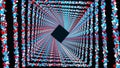 Square rings of colorful round particles form an endless tunnel, computer generated. 3d rendering of bright shiny