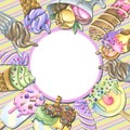 Square and round frame with various ice cream cones, popsicles, cremans. Watercolor illustration from a large set of ICE Royalty Free Stock Photo