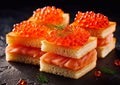 Square sandwiches with red salmon trout caviar on black.Macro.Ai Generative Royalty Free Stock Photo